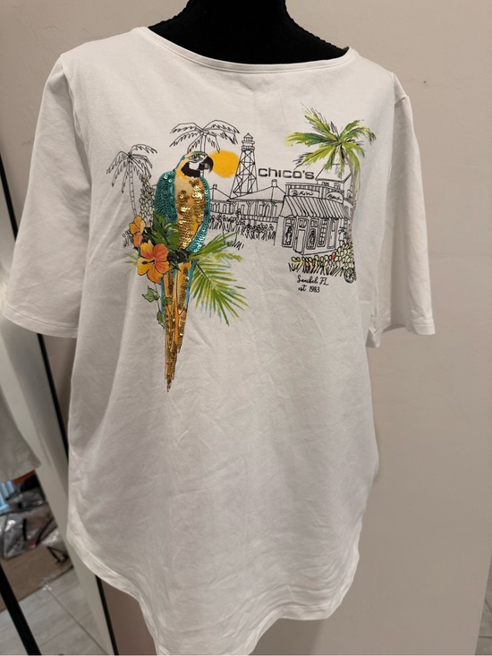 Chico's Tops - Chico's White Short Sleeve Tee with Sequin Parrot & Tropical Print